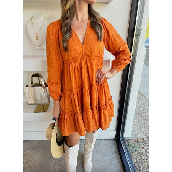 NWT Cleobella Blythe Mini Dress in Bright Orange Floral Jacquard Tiered Boho S - Picture 6 of 16